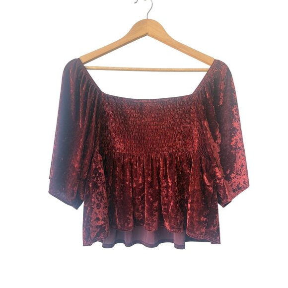 American Eagle Velvet Y2K Babydoll Top Size L Smocked Ruffle Boho Peasant Earthy - Picture 5 of 8